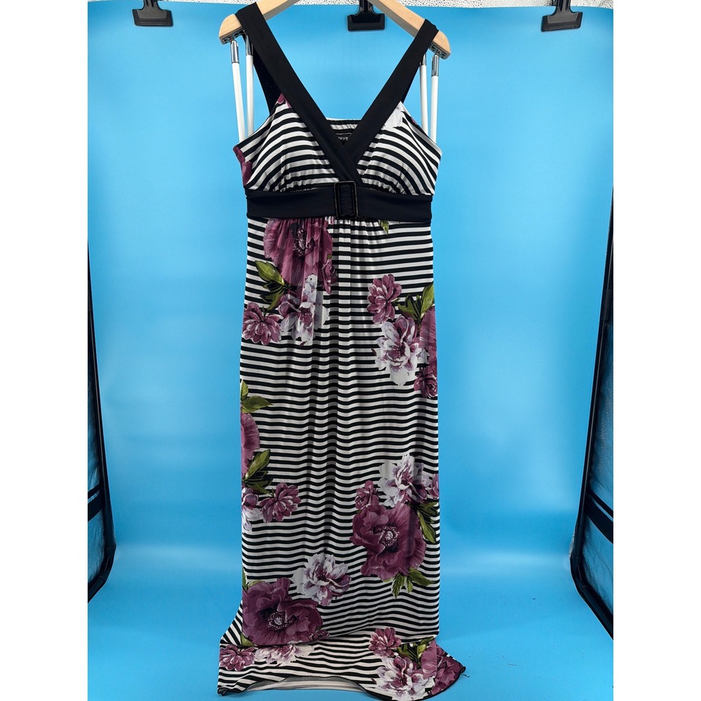 Sleeveless Striped Floral Maxi Dress V-Neck Buckle Empire Waist